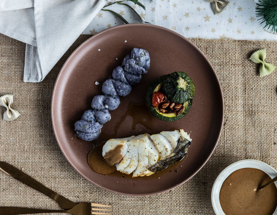 Kabeljauw met Black garlic sauce